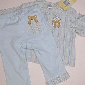 Little Me baby boys 2 piece blue striped bear knit outfit size 9 months